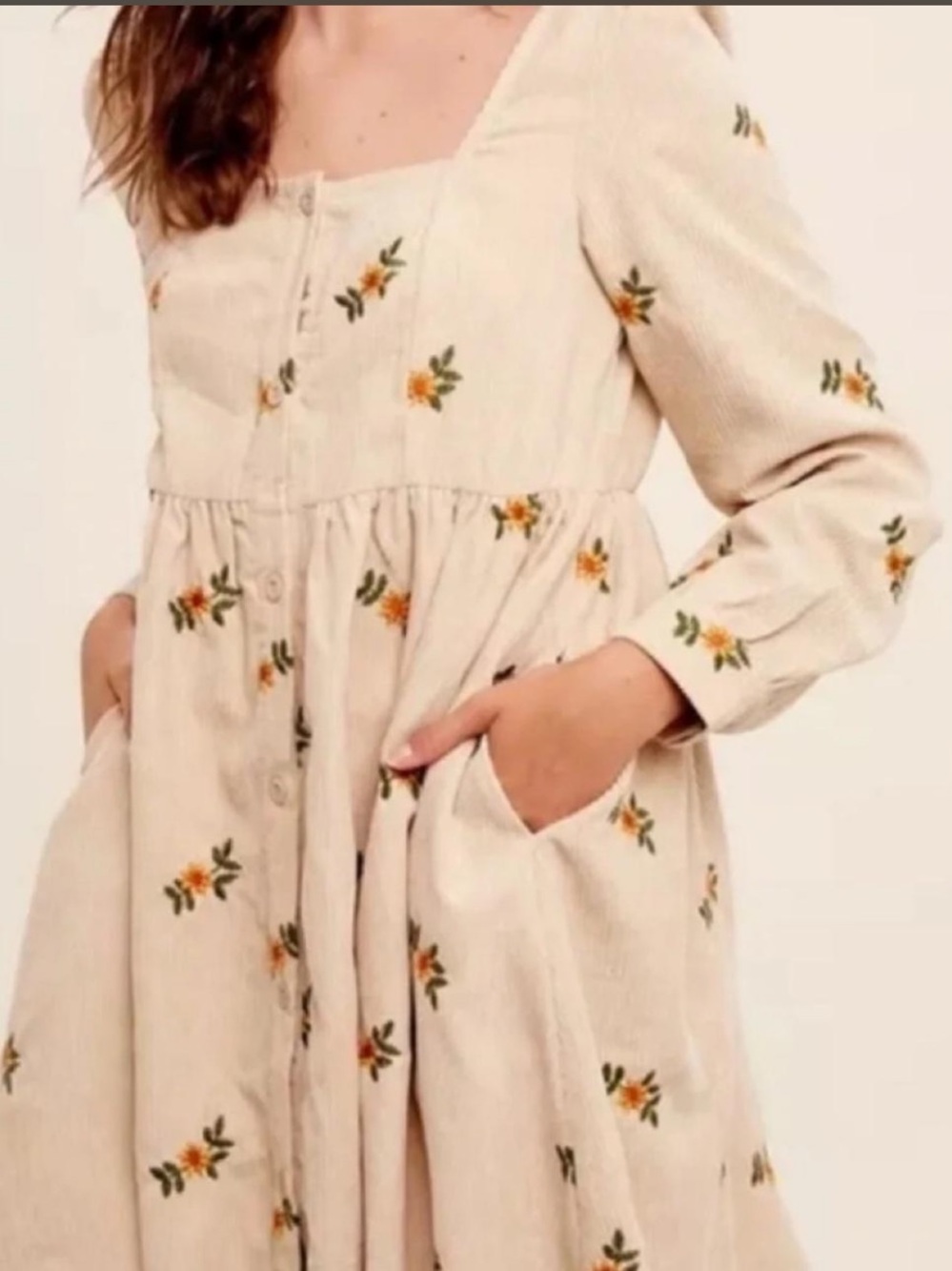 Cream Floral Button-Front Long-Sleeve Midi Dress